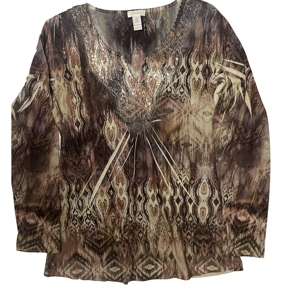 Chicos Womens Size 0 Brown Ikat V-Neck Lace Trim Long Sleeve Blouse